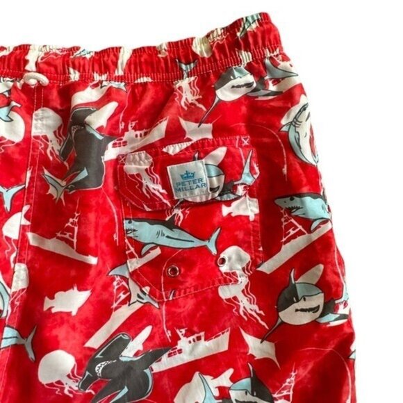 Peter Millar Men's XL Swim Trunks Red Shark Print Lined Nautical Shorts Pockets - Picture 5 of 10